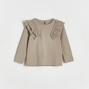 Reserved - Bavlnené tričko s dlhými rukávmi a volánmi - Khaki