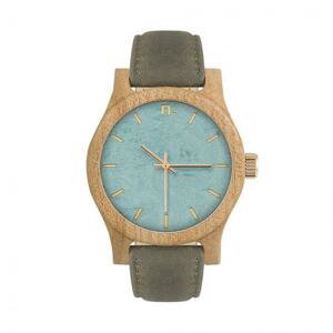 Dámske drevené hodinky s koženým remienkom v sivo-modrej farbe
