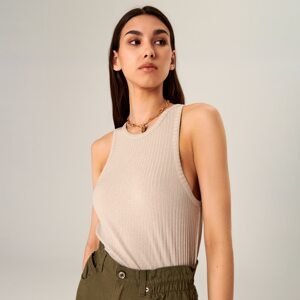 Sinsay - Crop top z prúžkovaného úpletu - Krémová