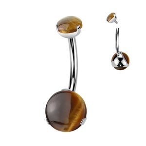 Titánový piercing do pupku s prírodným kameňom a vnútorným závitom Stone Délka / Průměr: 10 mm, Farba: tigrie oko, Veľkosť: 1,6 mm