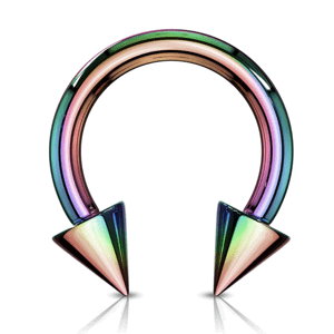 Oceľová podkova s hrotmi - farebná Farba: fialová, Veľkosť piercingu: 2 mm x 12 mm x 5 mm