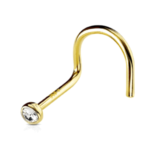 Zahnutá nosovka s 2 mm zirkónom zo žltého 14k zlata AU 585/1000 Veľkosť piercingu: 0,8 mm x 6 mm