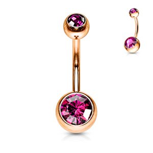 Rosegold piercing do pupku so zirkónom Farba: tmavo ružová, Veľkosť piercingu: 1,6 mm x 10 mm x 5 mm x 8 mm