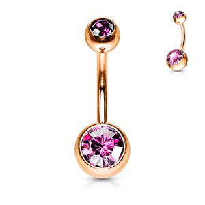 Rosegold piercing do pupku so zirkónom Farba: ružová, Veľkosť piercingu: 1,6 mm x 10 mm x 5 mm x 8 mm