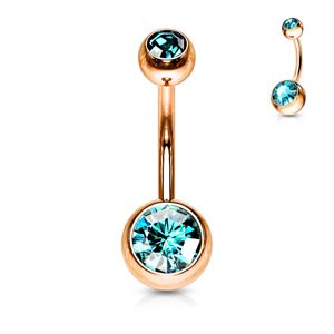 Rosegold piercing do pupku so zirkónom Farba: Aqua, Veľkosť piercingu: 1,6 mm x 10 mm x 5 mm x 8 mm