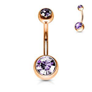 Rosegold piercing do pupku so zirkónom Farba: tanzanite, Veľkosť piercingu: 1,6 mm x 10 mm x 5 mm x 8 mm