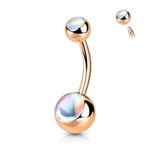 Oceľový piercing do pupku s dúhovo lesklými kameňmi Farba: Rosegold / číra