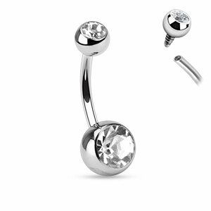 Piercing do pupku s vnútorným skrutkovaním s čírymi kryštálmi Veľkosť piercingu: 1,6 mm x 10 mm x 5 mm x 8 mm