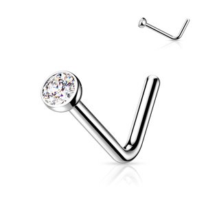 Titánový piercing do nosa v tvare L s čírym zirkónom London Délka / Průměr: 6 mm, Velikost koncovky: 1,5 mm, Veľkosť: 1 mm