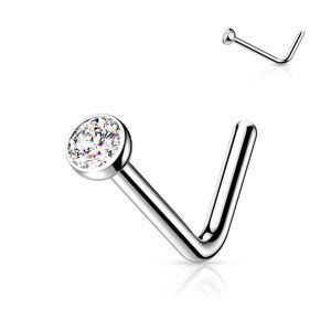 Titánový piercing do nosa v tvare L s čírym zirkónom London Délka / Průměr: 6 mm, Velikost koncovky: 2,5 mm, Veľkosť: 0,8 mm