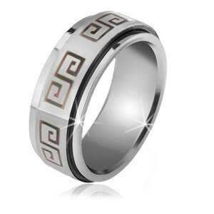 Lesklý prsteň z ocele - matná točiaca sa obruč, sivý grécky kľúč - Veľkosť: 62 mm