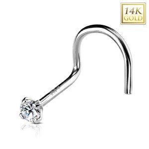 Zahnutý piercing do nosa z bieleho 14K zlata, okrúhly zirkónik čírej farby, 2 mm