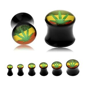 Čierny sedlový plug do ucha, zelená marihuana na pozadí s rasta farbami - Hrúbka: 8 mm