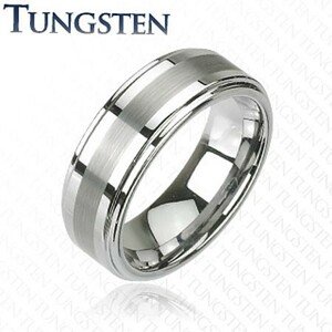 Prsteň z tungstenu v tmavosivom lesklom odtieni, brúsený stredový pás, 8 mm - Veľkosť: 49 mm