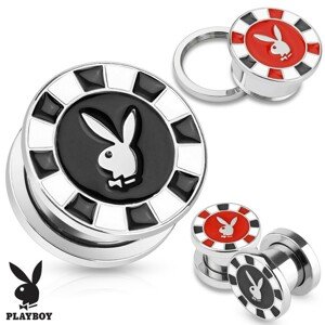 Tunel plug do ucha z ocele 316L, strieborná farba, zajačik Playboy - Hrúbka: 6 mm , Farba piercing: Červená