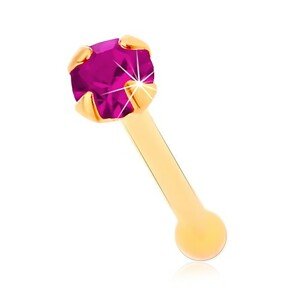 Rovný piercing do nosa zo žltého 14K zlata - zirkónik fuksiovej farby, 1,5 mm