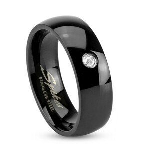 Čierny oceľový prsteň, lesklé zaoblené ramená, číry zirkónik, 6 mm - Veľkosť: 54 mm