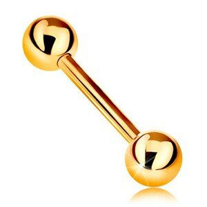 Zlatý 14K piercing - lesklý barbell s dvoma lesklými guličkami, žlté zlato, 12 mm