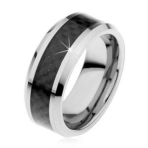 Tungstenová obrúčka striebornej farby, stredový pás z čiernych vlákien, 8 mm - Veľkosť: 59 mm