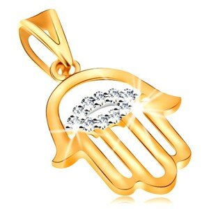 Prívesok zo žltého 14K zlata - ochranný symbol Hamsa, číre zirkónové oko