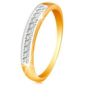 Zlatý 14K prsteň - ligotavý pás z čírych zirkónov s lemom z bieleho zlata - Veľkosť: 52 mm