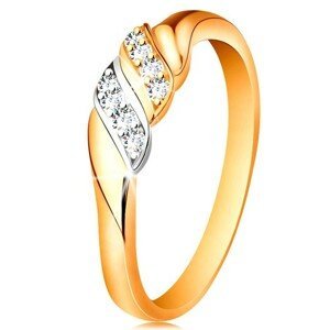 Zlatý prsteň 585 - dve vlnky z bieleho a žltého zlata, trblietavé číre zirkóny - Veľkosť: 49 mm