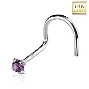 Zahnutý piercing do nosa z bieleho 14K zlata, fialový okrúhly zirkónik, 2 mm