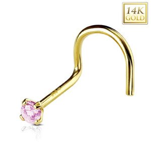 Zahnutý piercing do nosa zo žltého 14K zlata, okrúhly svetloružový zirkón, 2 mm