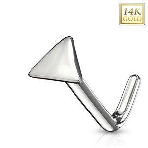 Zahnutý piercing do nosa z bieleho 14K zlata - lesklý trojuholník