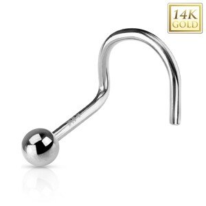 Zlatý 14K zahnutý piercing do nosa - lesklá hladká gulička, biele zlato - Hrúbka piercingu: 0,8 mm