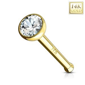 Piercing do nosa zo žltého 14K zlata - rovný tvar, číry zirkón v objímke, 2 mm - Hrúbka piercingu: 0,8 mm