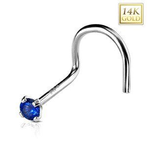 Zahnutý piercing do nosa z bieleho 14K zlata, tmavomodrý okrúhly zirkónik, 2 mm