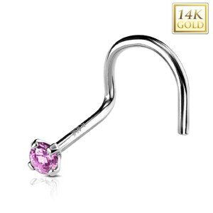 Piercing do nosa z bieleho 14K zlata - zahnutý, svetloružový okrúhly zirkónik, 2 mm