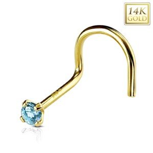 Zahnutý piercing do nosa zo žltého 14K zlata, okrúhly svetlomodrý zirkón, 2 mm