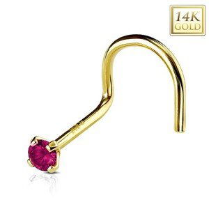 Zahnutý piercing do nosa zo žltého 14K zlata, okrúhly tmavoružový zirkón, 2 mm