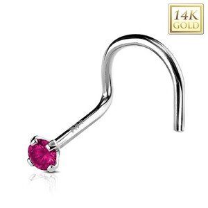 Zlatý 14K zahnutý piercing do nosa, okrúhly tmavoružový zirkón, 2 mm