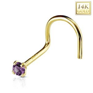 Piercing do nosa v žltom 14K zlate, okrúhly fialový zirkón, 2 mm