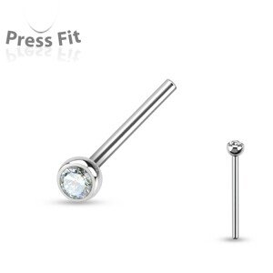 Rovný piercing do nosa, chirurgická oceľ striebornej farby, zirkón čírej farby, 2 mm - Hrúbka piercingu: 1 mm