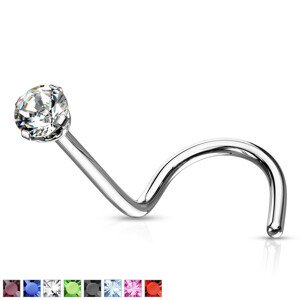 Zahnutý piercing do nosa z chirurgickej ocele - drobný farbený kryštál v kotlíku - Hrúbka piercingu: 0,8 mm, Farba piercing: Číra