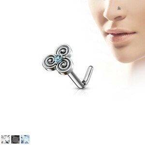 Zahnutý oceľový piercing do nosa s keltským motívom, zirkónik v strede - Hrúbka piercingu: 0,8 mm, Farba zirkónu: Číra - C