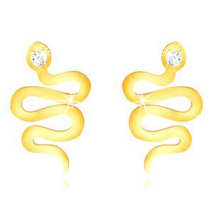 Puzetové náušnice v žltom 14K zlate - zvlnený lesklý hadík s čírou zirkónovou hlavičkou