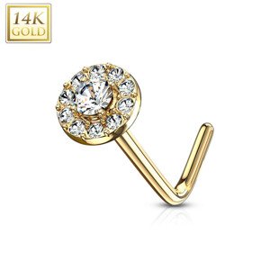 Zahnutý piercing do nosa zo 14K zlata - číry zirkón lemovaný drobnými zirkónikmi