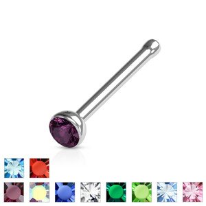 Rovný piercing do nosa z 316L ocele - farebný krištáľ v objímke, 0,8mm - Farba zirkónu: Fialová - A