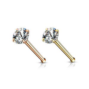 Rovný piercing do nosa z 316L ocele - okrúhly číry zirkón, PVD, 0,8 mm, priemer 2 mm - Farba: Zlatá