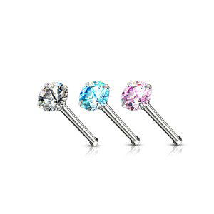 Rovný oceľový piercing do nosa - strieborná farba, okrúhly zirkón, 0,8 mm, priemer 2 mm - Farba zirkónu: Číra - C