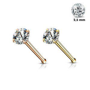 Rovný piercing do nosa z 316L ocele - okrúhly číry zirkón, PVD, 0,8 mm, priemer 2,5 mm - Farba: Zlatá