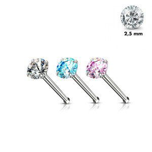 Rovný oceľový piercing do nosa - strieborná farba, okrúhly zirkón, 0,8 mm, priemer 2,5 mm - Farba zirkónu: Číra - C