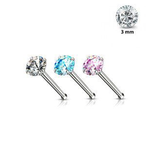 Rovný oceľový piercing do nosa - strieborná farba, okrúhly zirkón, 0,8 mm, priemer 3 mm - Farba zirkónu: Číra - C