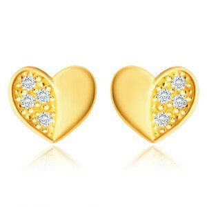 Diamantové náušnice zo žltého 585 zlata - srdiečko s lesklou a briliantovou polovicou