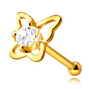 Diamantový piercing do nosa zo 14K žltého zlata - kontúra motýľa s briliantom, 2,25 mm